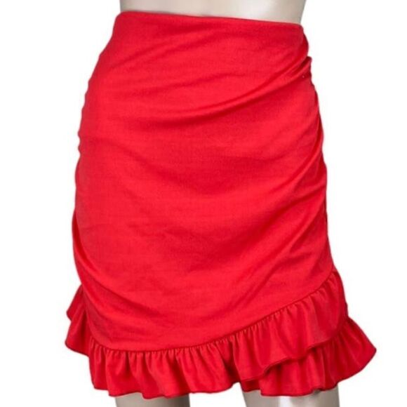 Red Ruffled Skirt Ruched Layered Stretch Bodycon Mini Size Small - Picture 1 of 6